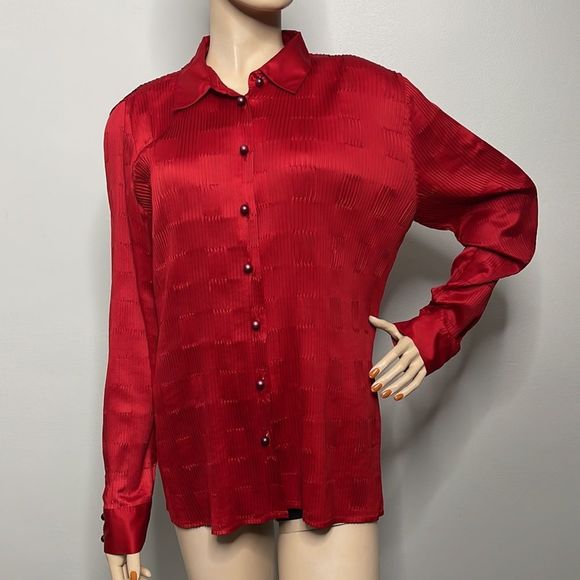 Red Silky Textured Long Sleeve Button Shirt - Picture 16 of 16